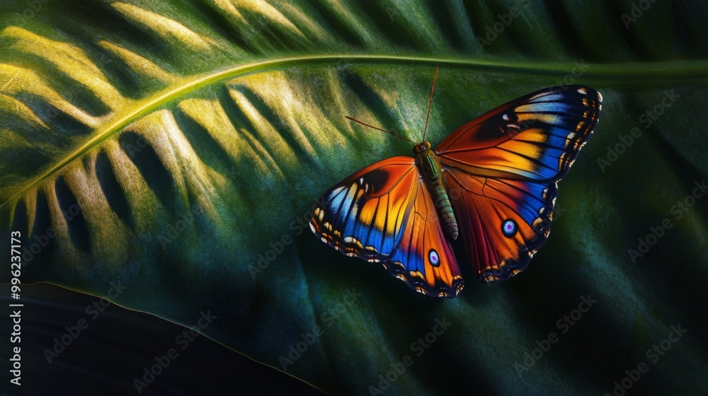 Poster a close-up of a butterfly resting on a large tropical leaf, its colorful wings spread open, with the