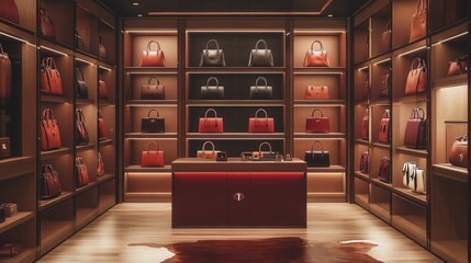 A luxury leather goods store interior with premium handbags and accessories displayed on sleek, well-lit shelves.