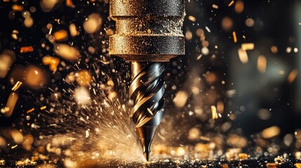 A close-up of a drill bit cutting through wood. This image depicts the process of drilling and can be used for industrial, manufacturing, or construction projects.