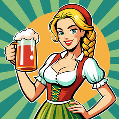 Oktoberfest Girl:  A cheerful waitress in traditional Dirndl attire holds a large beer stein, radiating festive cheer against a vibrant retro background.