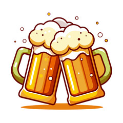 Cheers to Friendship: Two mugs of frothy beer clinking together in a celebratory toast, captured in a vibrant and cheerful cartoon style. Perfect for banners, websites, and social media. 