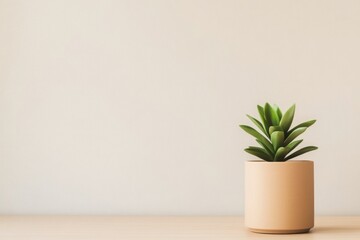 Fototapeta premium A simple succulent plant in a beige pot sits on a wooden surface against a light, neutral wall, adding a touch of greenery to the space.