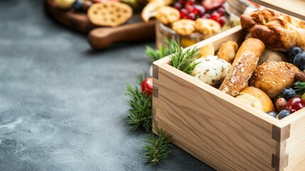 Fototapeta premium A wooden box filled with an assortment of baked goods and colorful fruits, complementing a cozy, festive atmosphere.