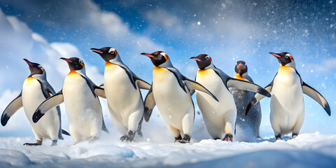 Fototapeta premium Playful penguins frolicking in the snow , penguins, snow, winter, cold, wildlife, animals, Antarctic, playful, cute, flippers