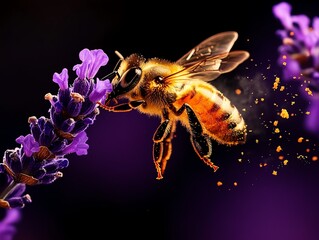 Naklejka premium A closeup of a pollendusted bee on a lavender flower, emphasizing its edible nature