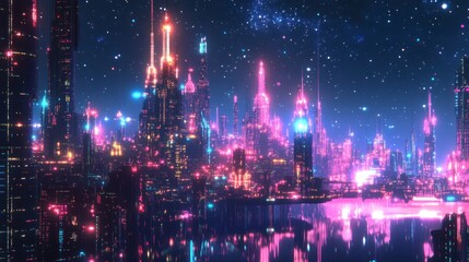 Fototapeta premium Futuristic Cityscape with Neon Lights Reflected in Water