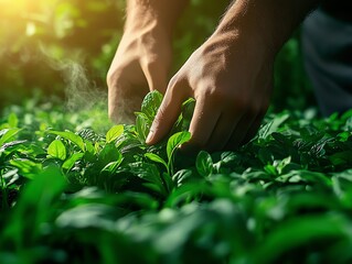 A closeup of hands harvesting wild ramps spring onions in a lush forest setting