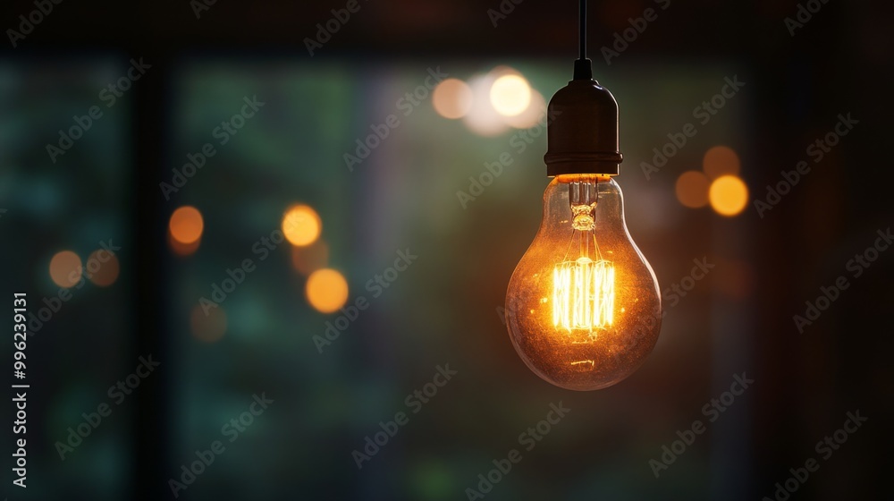 Poster a close-up of a glowing incandescent light bulb hanging from a wire in a dimly lit room, casting war