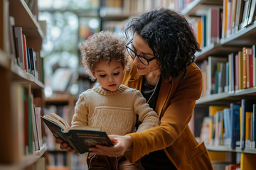 A woman and a child are reading a book together in a library