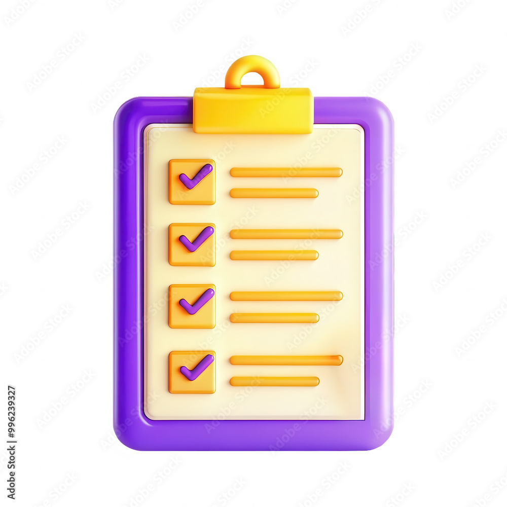Poster a vibrant 3d rendered checklist icon featuring checkmarks and blank lines for text. the design uses 