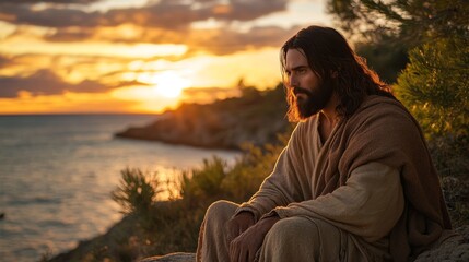 Fototapeta premium A man with long hair and a beard is sitting on a rock near the ocean