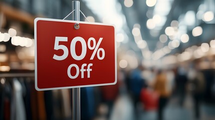A vibrant 50% off sale sign stands prominently, framed in a lively store with blurred shoppers browsing around. The bright red background enhances energy and excitement. Black Friday Concept