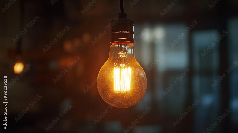 Poster a close-up of a glowing incandescent light bulb hanging from a wire in a dimly lit room, casting war