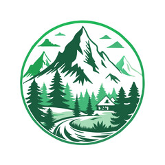 Fototapeta premium Green monochrome mountain landscape with cabin and pine trees, nature and adventure concept