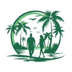 Couple walking on the beach surrounded by palm trees in a vacation logo design