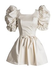 Obraz premium Elegant White Puff Sleeve Dress with Satin Bow.