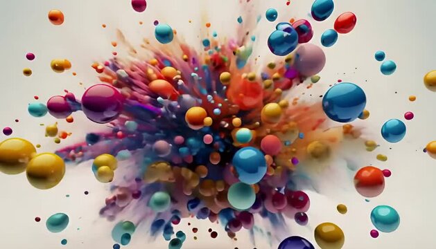 Vibrant, colorful balls in dynamic motion, colliding on a clean white background. The spheres feature bold hues such as red, blue, green, and yellow, with motion lines and subtle impact effects to hig