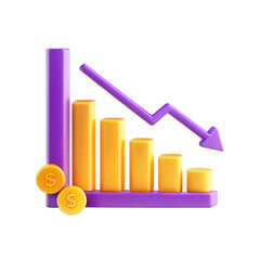 This 3D illustration depicts a graph representing economic decline with yellow bars and a purple downward arrow along with coins.