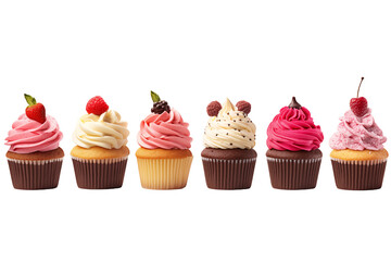 Several cupcakes on transparent background. Pastry related themes. Bakery professions. Cupcake making. Buying and selling cupcakes. Images for graphic designers. Cookbook. Isolated cupcake. 