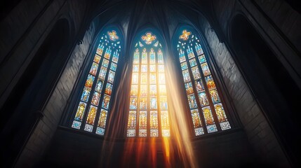 Glowing Stained Glass Windows in a Majestic Cathedral Capturing the Light in Vibrant Colors