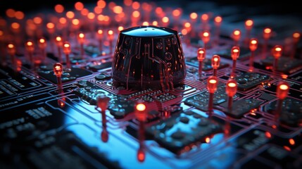 Close-up of a Circuit Board with Red Lights