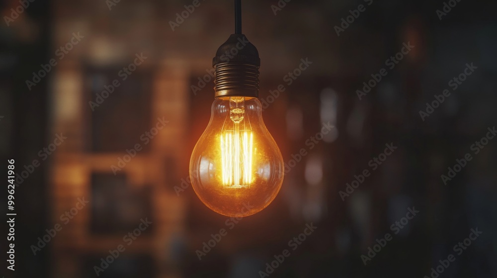Poster a close-up of a glowing incandescent light bulb hanging from a wire in a dimly lit room, casting war