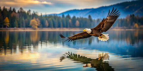 Obraz premium Eagle soaring low over calm lake , wildlife, bird, majestic, nature, flight, wings, feathers, water, reflection