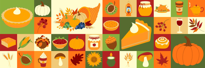 Happy Thanksgiving Day  icons elements with geometric pattern. A colorful image of various fall foods, including pies, pumpkins, and apples