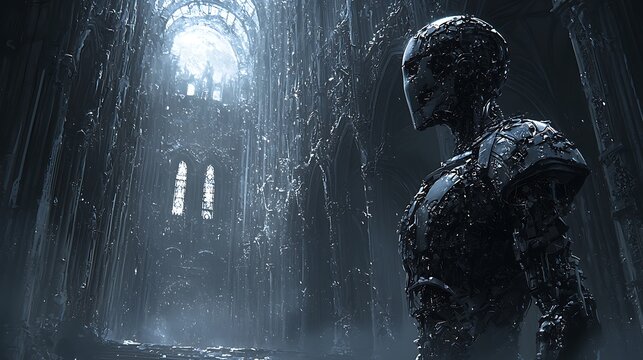 Futuristic Robot in Abandoned Cathedral