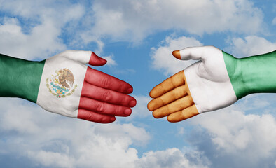 Ivory Coast or Cote d'Ivoire and Mexico country handshaking with flags, consensus concept international co-operation illustration