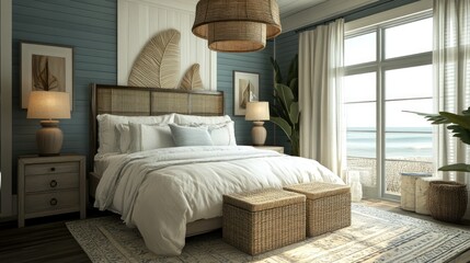 Obraz premium Coastal Bedroom with White Bedding and Wicker Accents