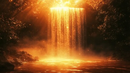 A waterfall at sunset, with golden light reflecting off the water and creating a warm, glowing atmosphere.