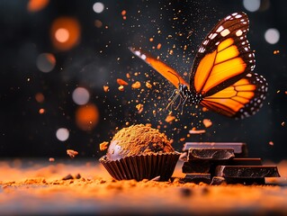 A gourmet chocolate truffle dusted with iridescent butterfly wing powder ethical sources only