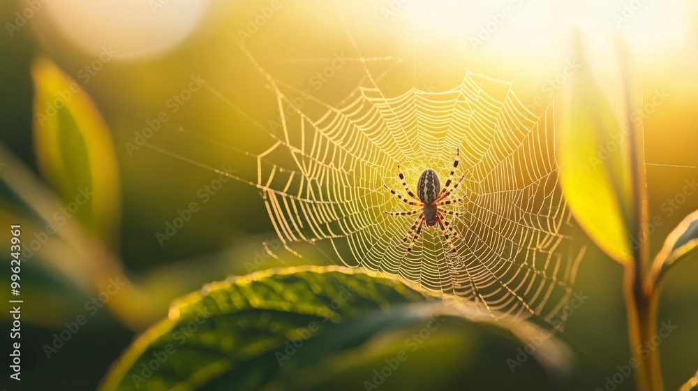 Poster A close-up of a small spider spinning its web between two leaves, the intricate details of the web visible, with soft sunlight illuminating the scene.