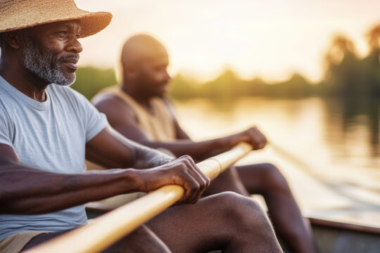 Evening Rowing Companions on Calm River. Two men rowing on a serene river during a peaceful evening, capturing the essence of teamwork and nature