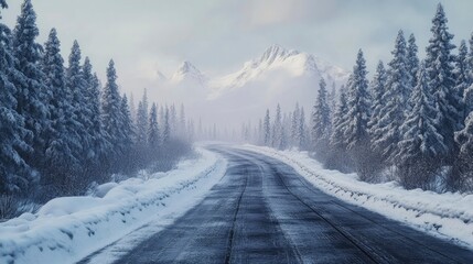 Icy roads winding through a peaceful winter forest, flanked by snow-laden trees and distant mountain peaks.
