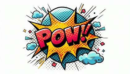 Comic book style POW with colorful explosion and dynamic effects, isolated on white background. Pop art illustration for poster, banner, or graphic design