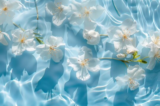 Summer floral arrangement with white jasmine flowers in blue water sun shadows nature view Selective focus