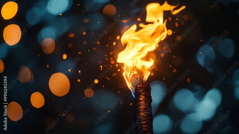 Poster a close-up of a torch flame illuminating a night scene, adding a mystical and adventurous vibe, perf