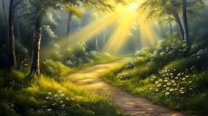 Obraz premium Radiant Sunbeams Illuminating Tranquil Forest Path Landscape