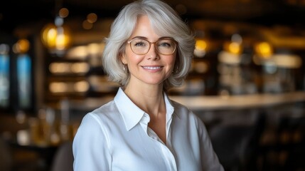 Portrait of a Smiling Middle-Aged Woman in a White Shirt