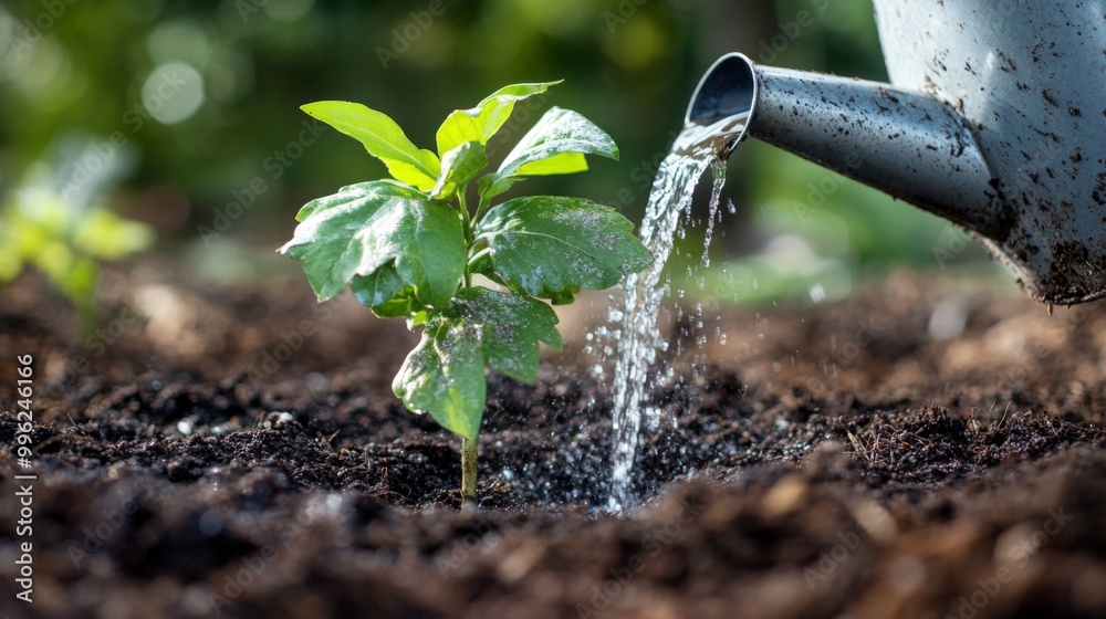 Aufkleber A close-up of a tree sapling being watered with a can, surrounded by fresh soil and mulch, symbolizing the care and nurturing needed for new growth.