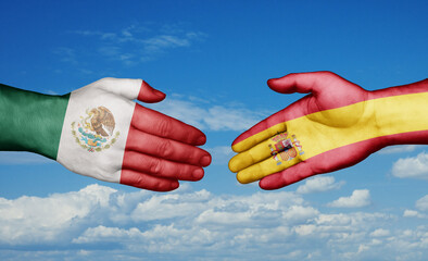 Spain and Mexico country handshaking with flags, consensus concept international co-operation illustration