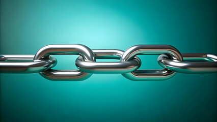 Obraz premium Singular chain link in shiny platinum finish on teal background, chain, link, bold, twisted, wireframe, platinum, shiny, metallic