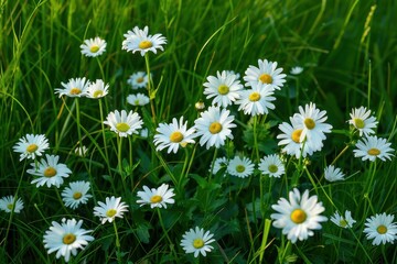 Fototapeta premium Wild daisies and chamomiles in meadow green grass background Gardening idea