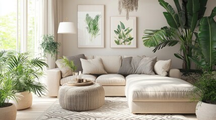 Modern living room with a neutral-toned sofa and potted green plants adding a fresh, natural touch to the decor.