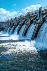 Side View of Dam with Water Flowing Gushing Through