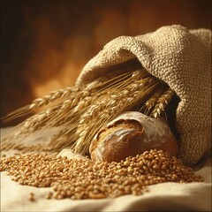 Golden ears of wheat, freshly harvested from the field, arranged on a rustic wooden table