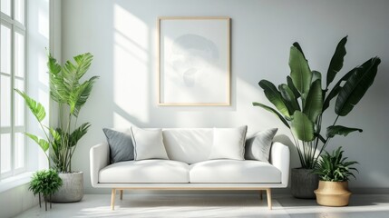 Scandinavian-style living room featuring a stylish sofa, green plants, and minimalist decor