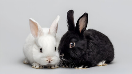 Adorable white and black rabbits cuddling together in a peaceful close-up shot, showcasing the natural beauty of furry companions in a heartwarming moment, perfect for animal lovers and pet-related th